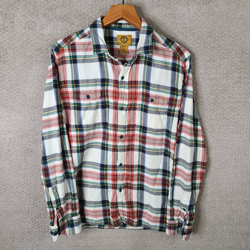 Stapleford Shirt Mens M White Red Blue Green Plaid Flannel Button‎ Down Cotton